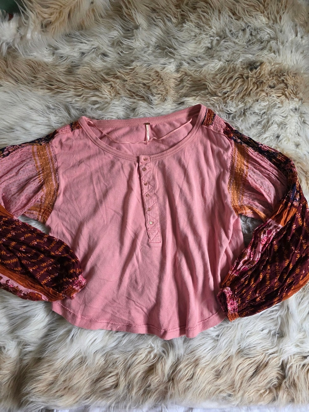 Free People Pink Henley with Patterned Boho Long Sleeves